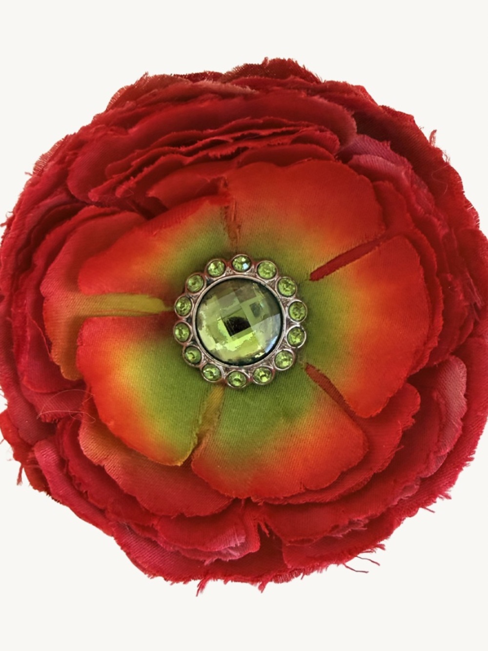 Red Flower Hair Clip Green Rhinestone Center Large Floral Statement Accessory
